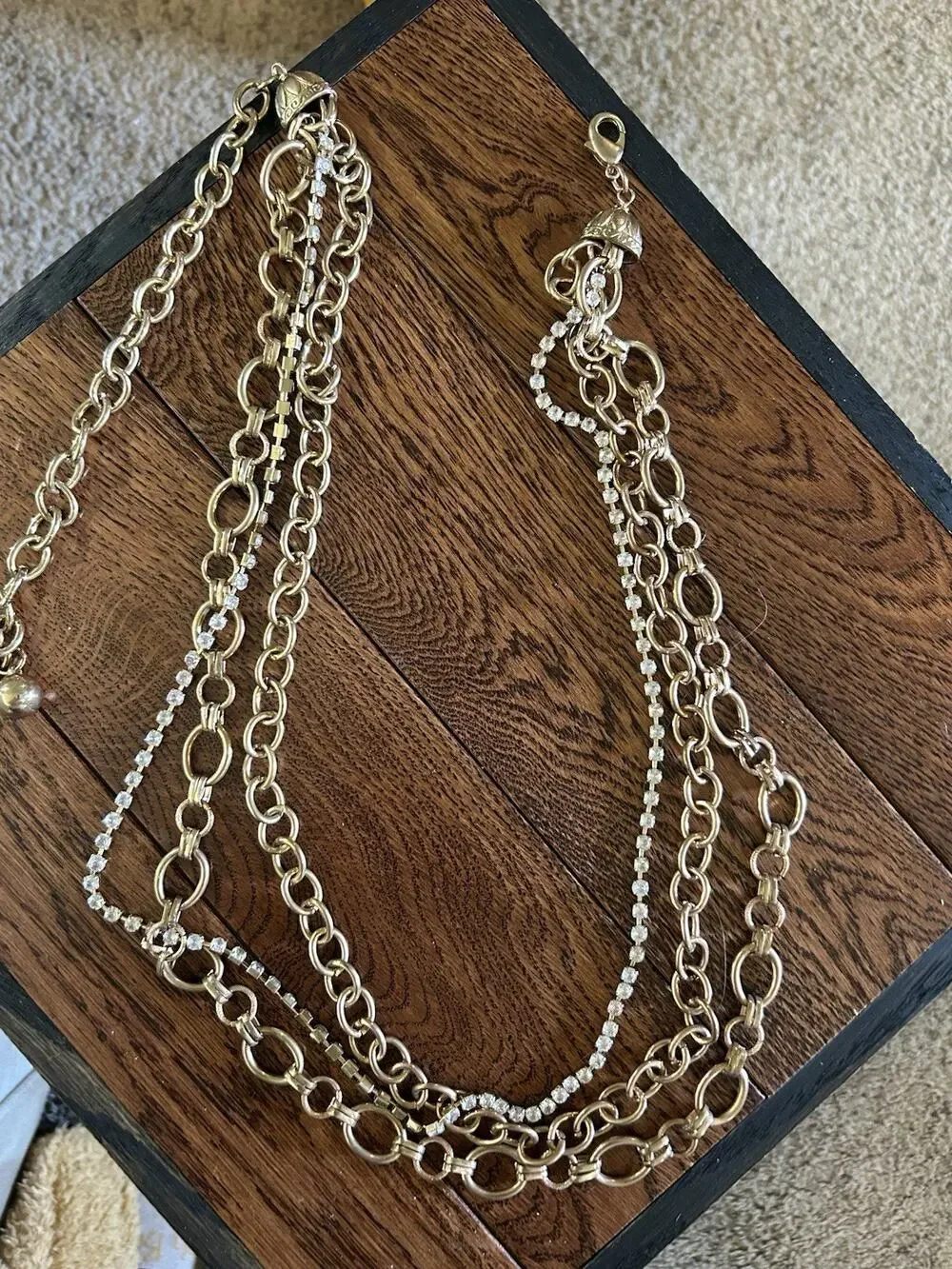 Vintage Gold-Tone Chain Link Belt Triple Layer Adjustable Rhinestones Statement